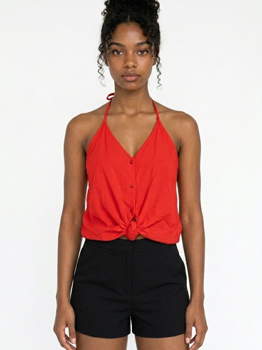 URBAN ROMANTICS | Linen Blend Orange/Red Halter Knot Front Top Women’s Size L